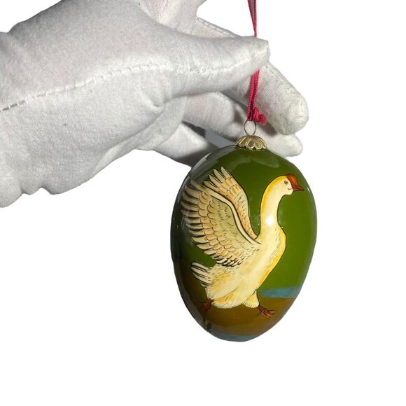 Goose Hand Painted Egg Vintage Christmas / Easter Ornament Green 4 in - Picture 7 of 8